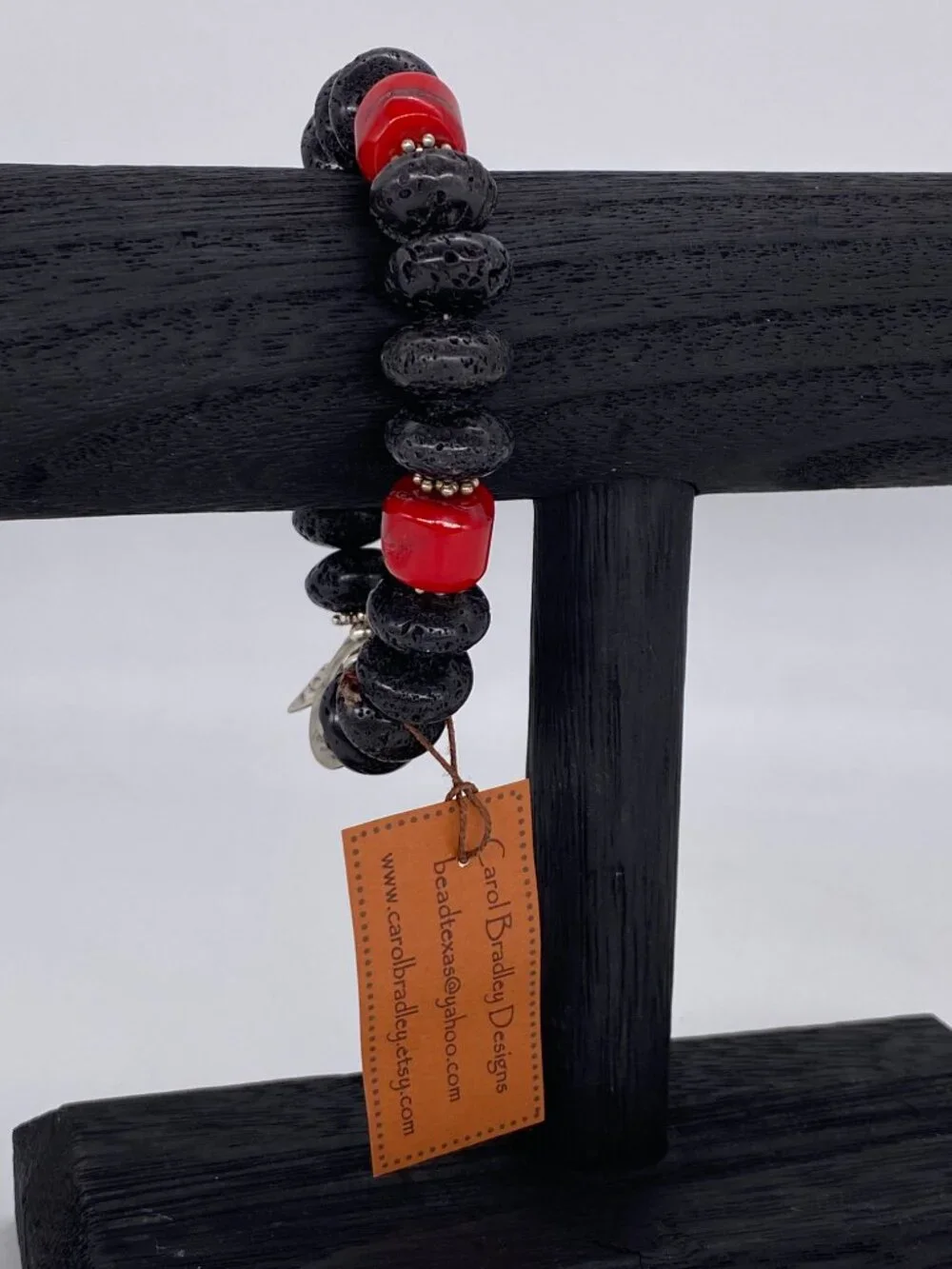 Carol Bradley Bracelet Black Lava Rock Red Coral Sterling Silver 925 Clasp